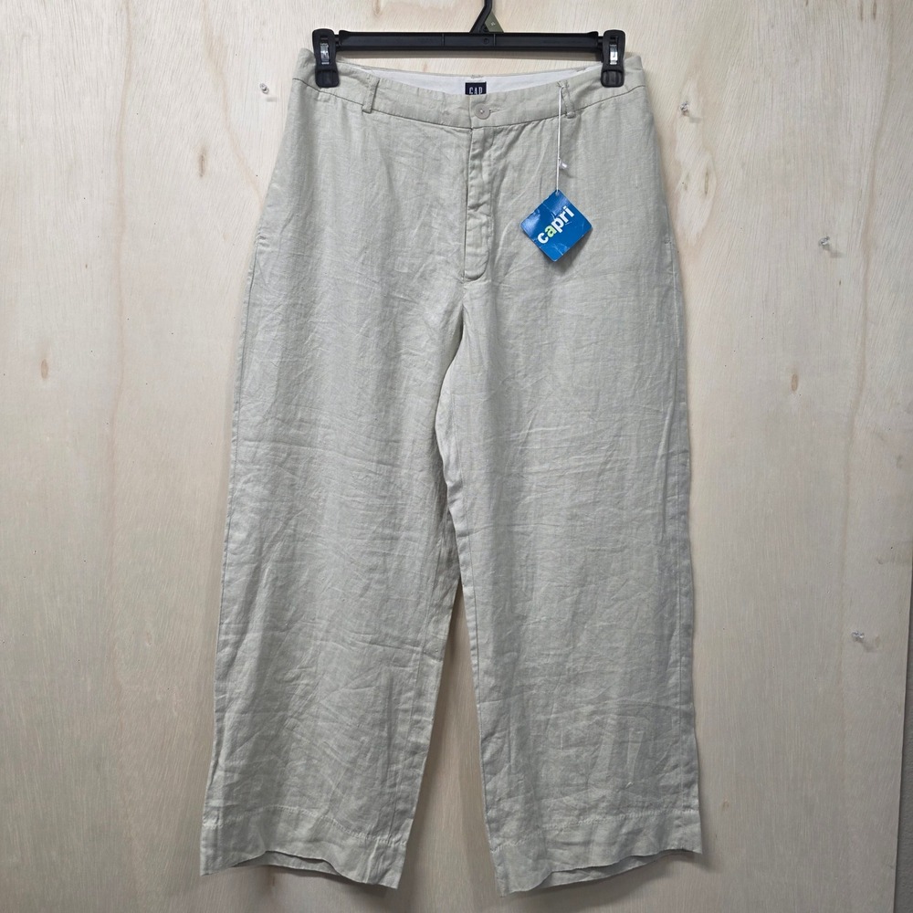 Gap Womens 100% Linen Wide Leg Capri Pants Beige Oatmeal High Rise Size 12 NWT